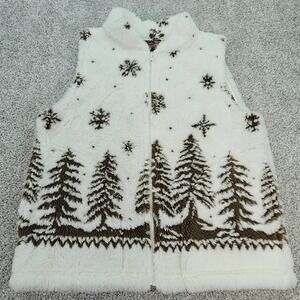 Vintage‎ Cobblestone Canyon Fleece Vest Women Small Cream Brown Trees Zip
Up USA